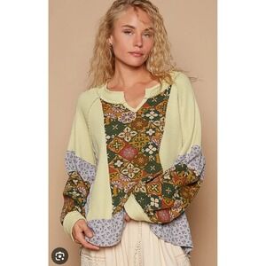 POL Patchwork Floral Print Pullover Top Waffle Knit Long Sleeve Boho Medium